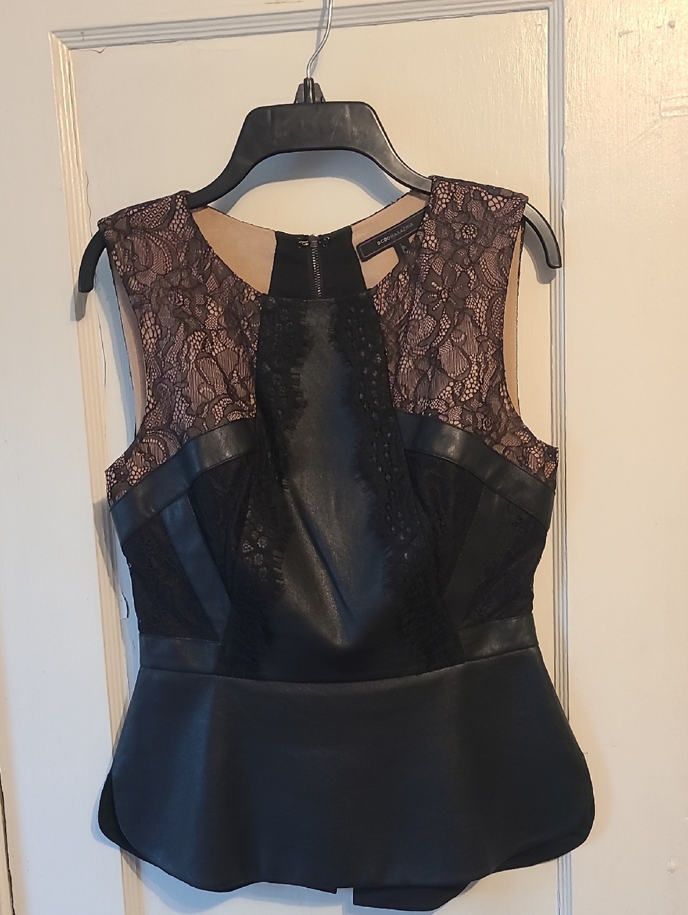 BCBGMaxAzria Black Lace & Faux Leather Peplum Top